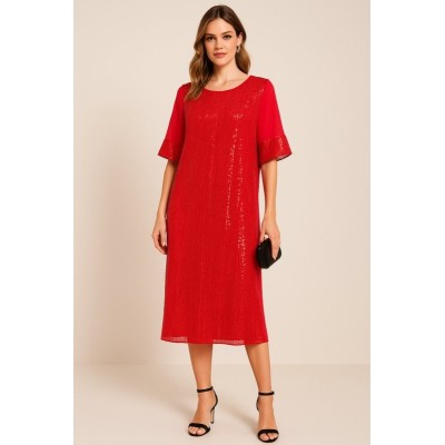 Oversize Κόκκινο Φόρεμα με Παγιέτες και Μουσελίνα Μανίκι
