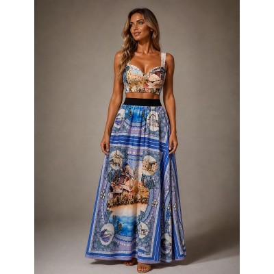 Σετ φούστα maxi λιλά-μπλε με print & crop top