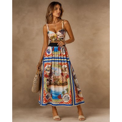 Σετ φούστα maxi πολύχρωμο με print & crop top