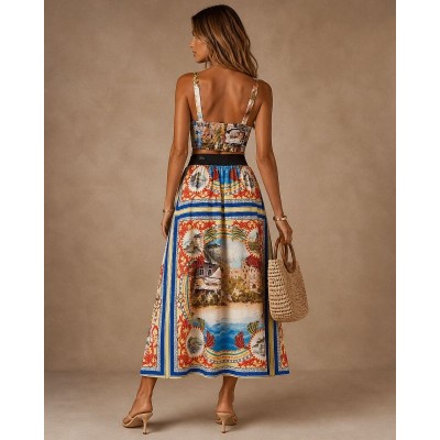 Σετ φούστα maxi πολύχρωμο με print & crop top