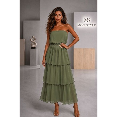 Maxi Strapless Φόρεμα Μουσελίνα Layered Χακί