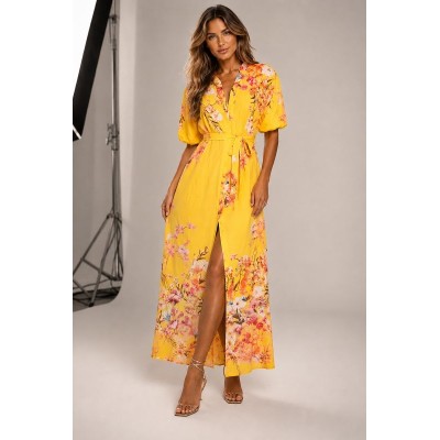 Φόρεμα Σεμιζιέ Maxi Floral με Κουμπιά και Ζώνη – Κίτρινο