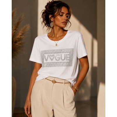Λευκό Μπλουζάκι Vogue με Στρας