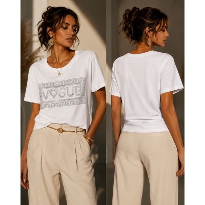 Λευκό Μπλουζάκι Vogue με Στρας