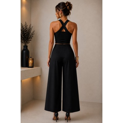 Γυναικείο Σετ με Crop Top & Wide Leg Παντελόνα με Εμπριμέ Τσέπες – Μαύρο
