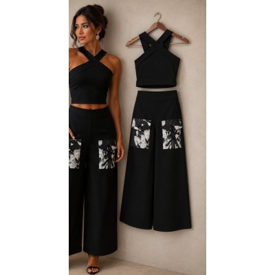 Γυναικείο Σετ με Crop Top & Wide Leg Παντελόνα με Εμπριμέ Τσέπες – Μαύρο