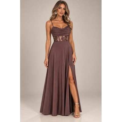 Καφέ Maxi Φόρεμα Corset με Παγιέτα