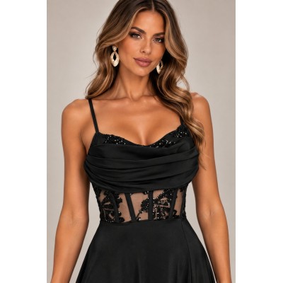 Μαύρο Maxi Φόρεμα Corset με Παγιέτα