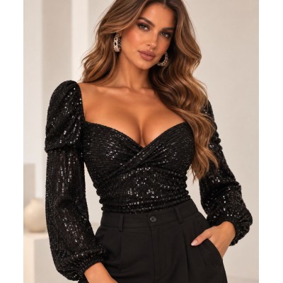 Sequin Bodysuit Black – Μαύρο Κορμάκι με Παγιέτα & Cups