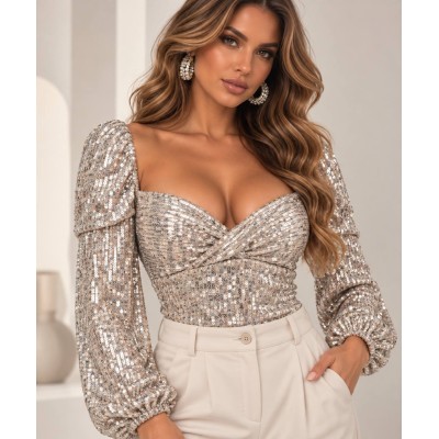 Sequin Bodysuit Silver – Ασημί Κορμάκι με Παγιέτα & Cups