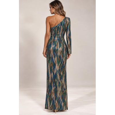 Emerald Glow One Shoulder Maxi Dress – Multicolor
