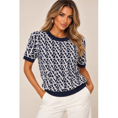 Πλεκτή Μπλούζα με Geometric Jacquard Σχέδιο – Navy/Ecru
