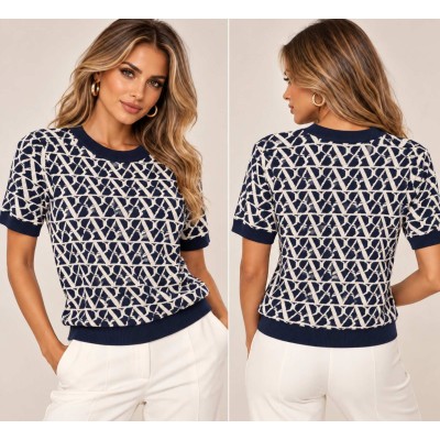 Πλεκτή Μπλούζα με Geometric Jacquard Σχέδιο – Navy/Ecru