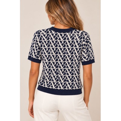 Πλεκτή Μπλούζα με Geometric Jacquard Σχέδιο – Navy/Ecru